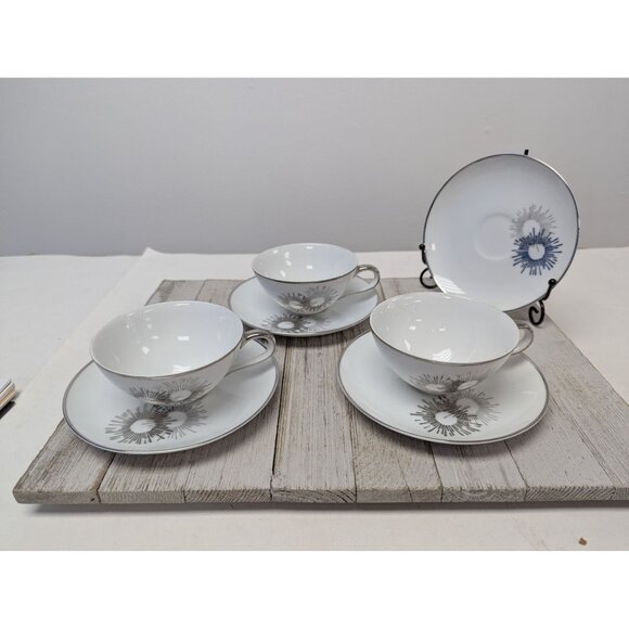 Kutani Other - Vintage Kutani Set 4 Saucers and 3 Cups White Silver Gray Bursts Japan Teacups